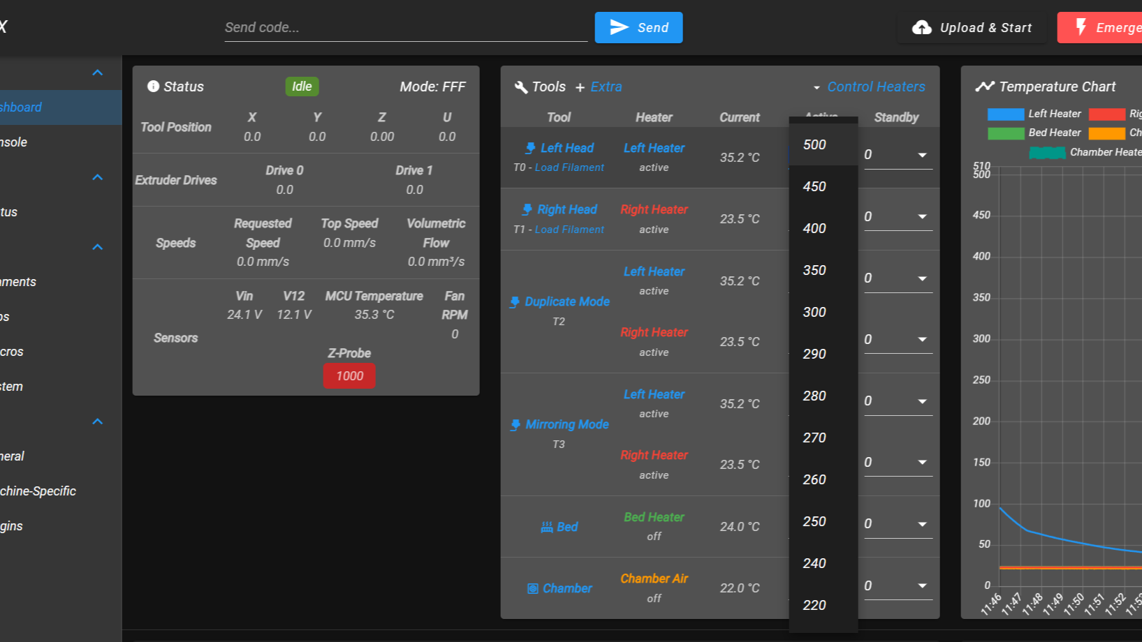 Web Interface showing toolhead temperature setting for cold pull procedure