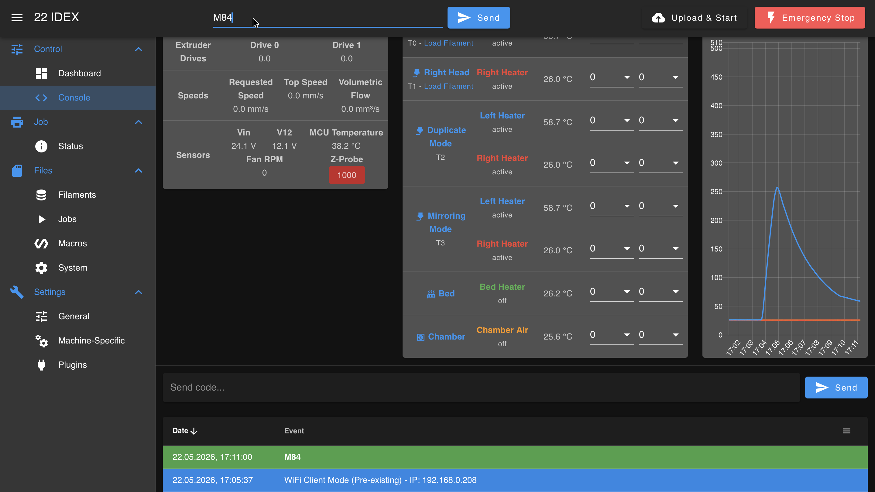 Console showing G-Code command entry and response log