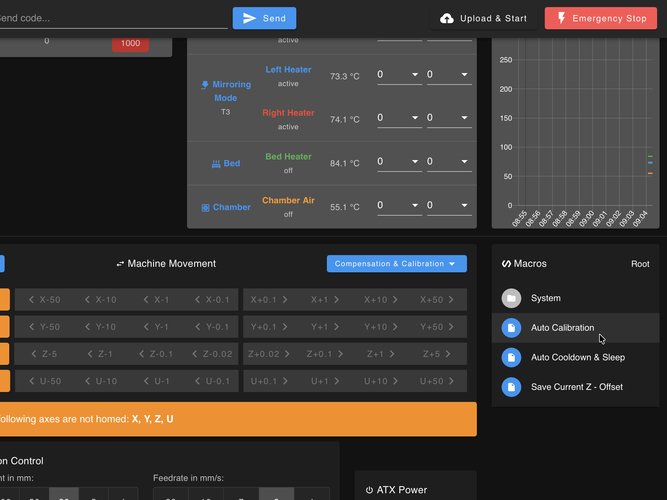 Dashboard with Macros panel showing Auto Calibration option