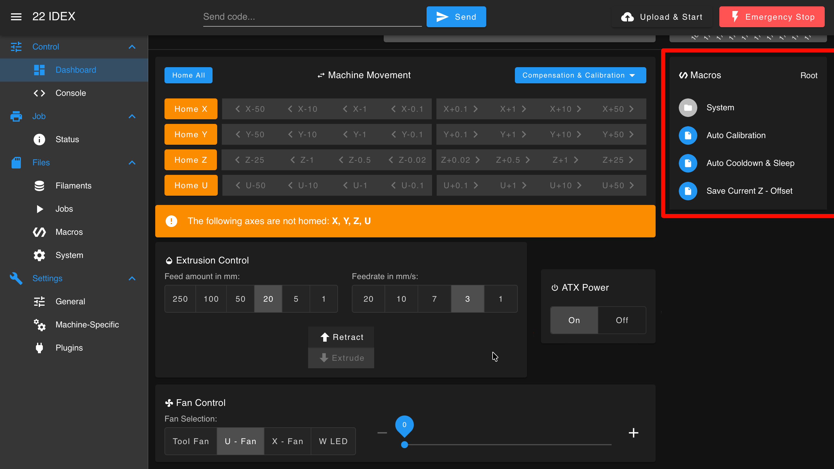 Dashboard macros section showing quick access to stored macros