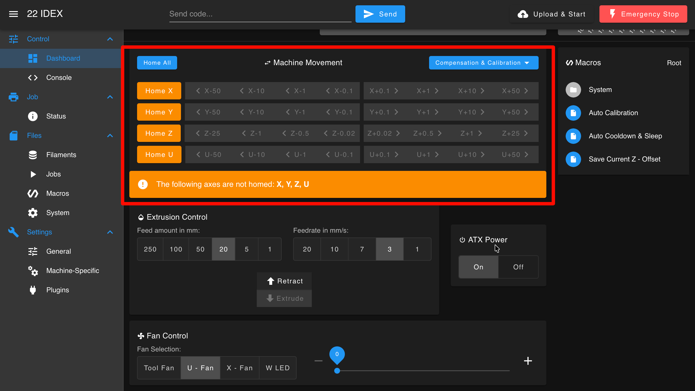 Dashboard showing machine movement and control options