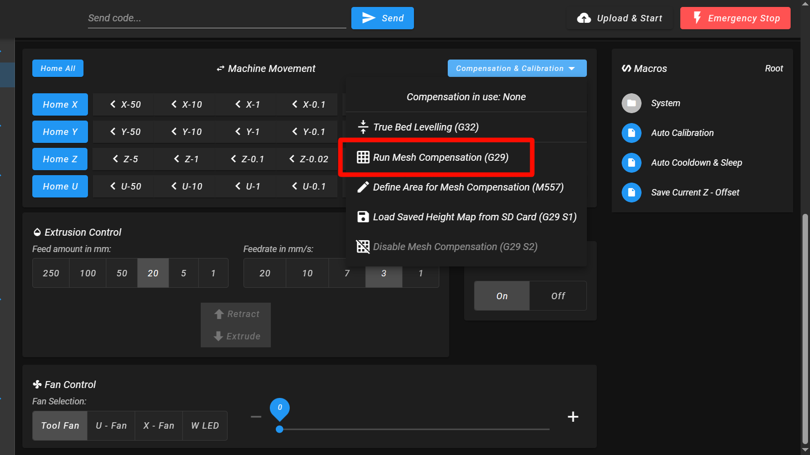 Web Interface Dashboard with Run Mesh Compensation button highlighted