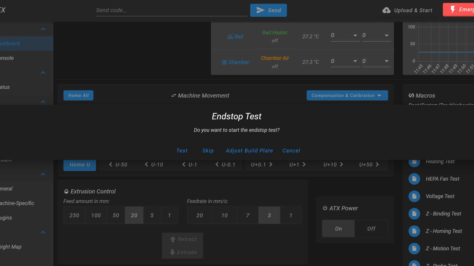 Endstops Test dialog with Test, Skip, Adjust Build Plate, and Cancel buttons.