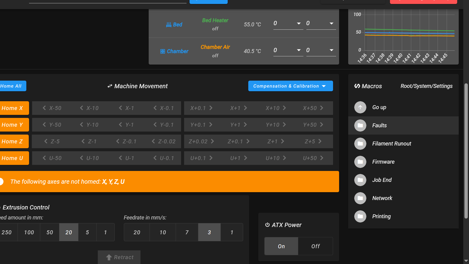 Macros panel showing System → Settings → Faults.