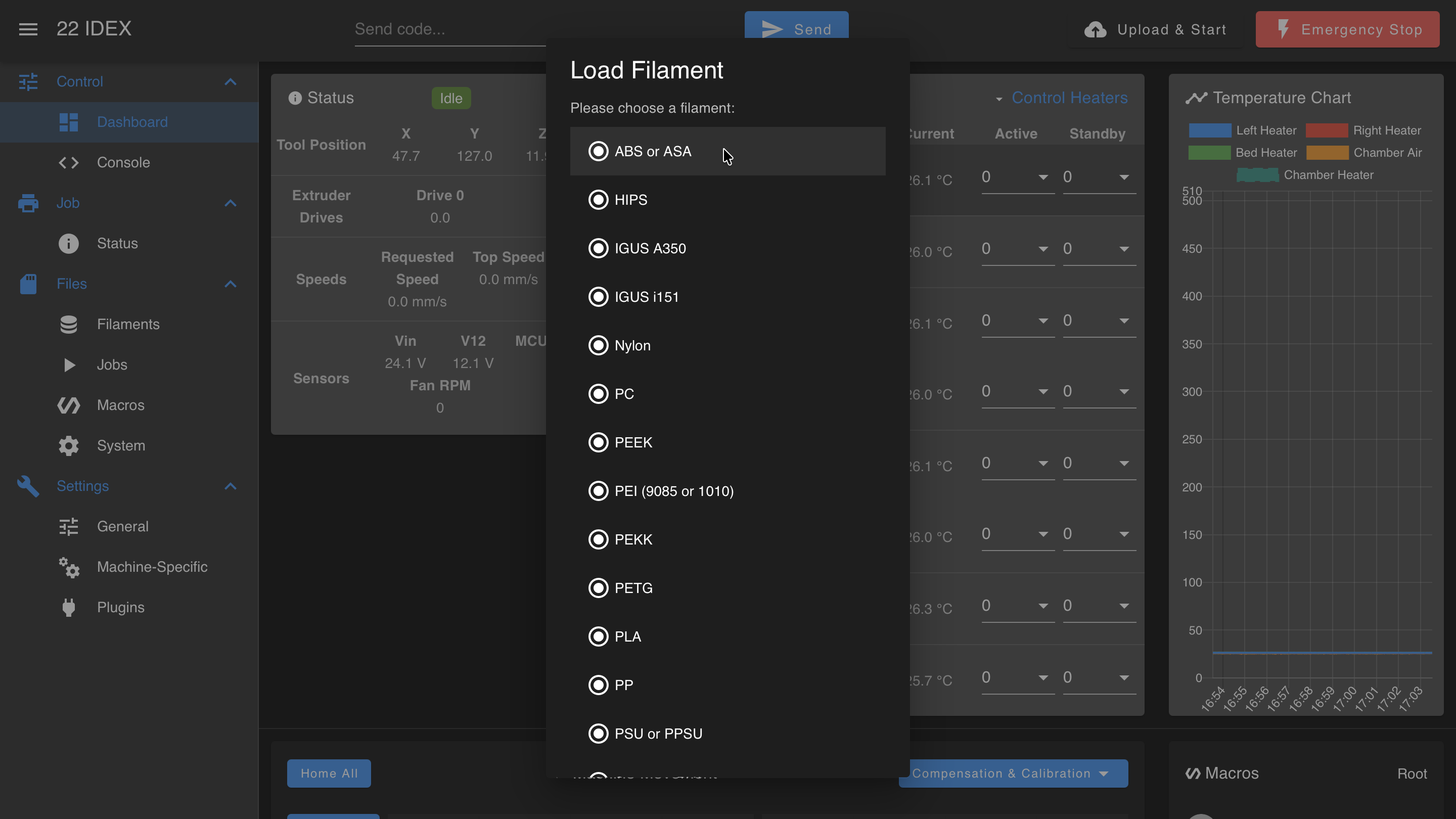 List of loaded filaments showing names and assignments to tools