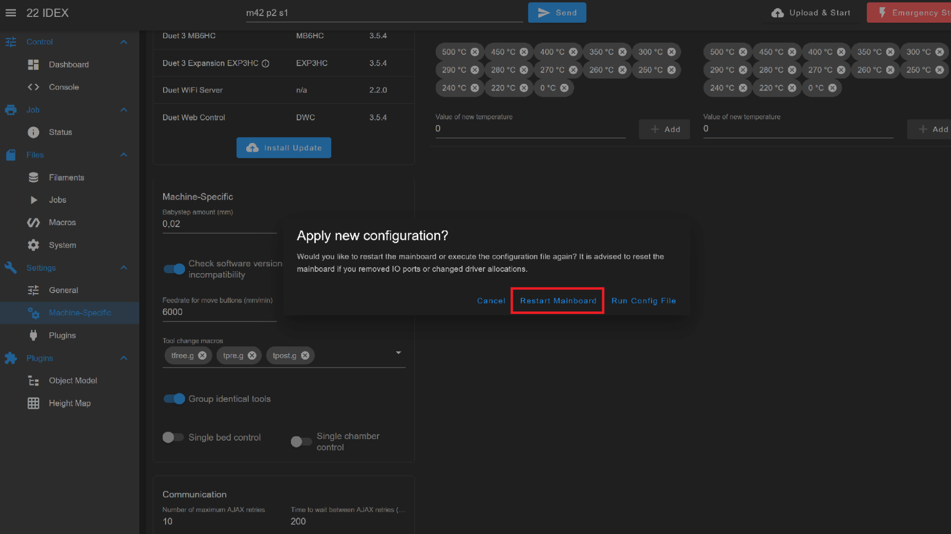 Apply new configuration? window with the Restart Mainboard button