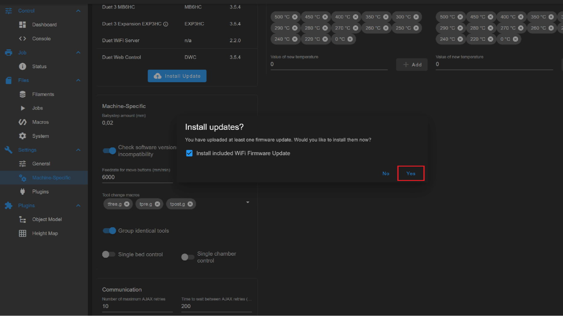 Confirming the Install updates? window with the Yes button