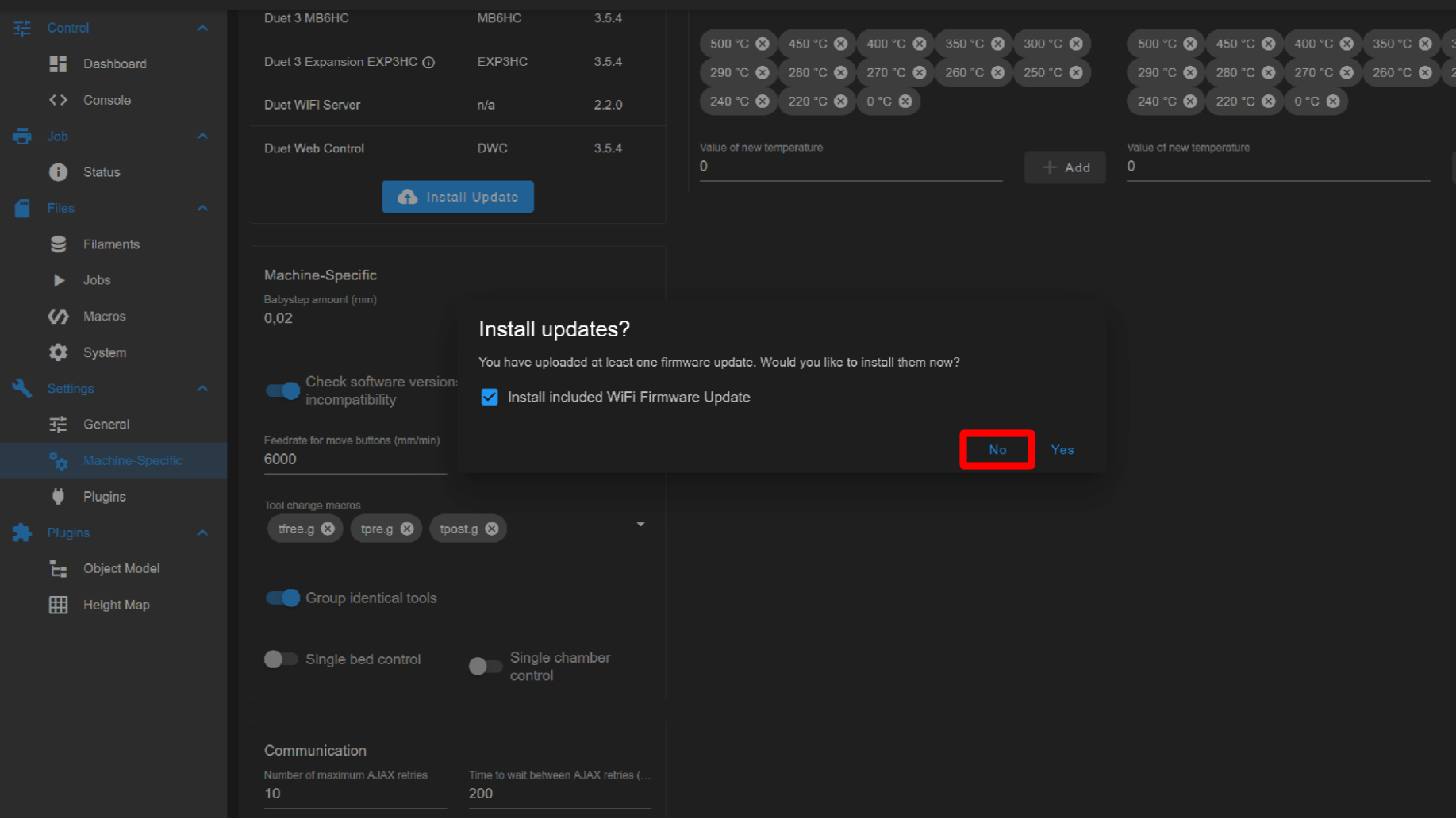 The Install updates? window – choose No