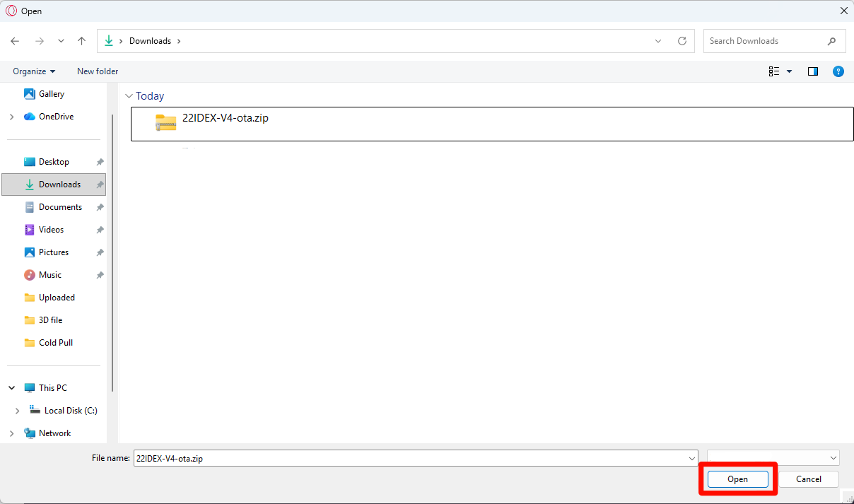 Selecting the firmware ZIP archive and clicking Open