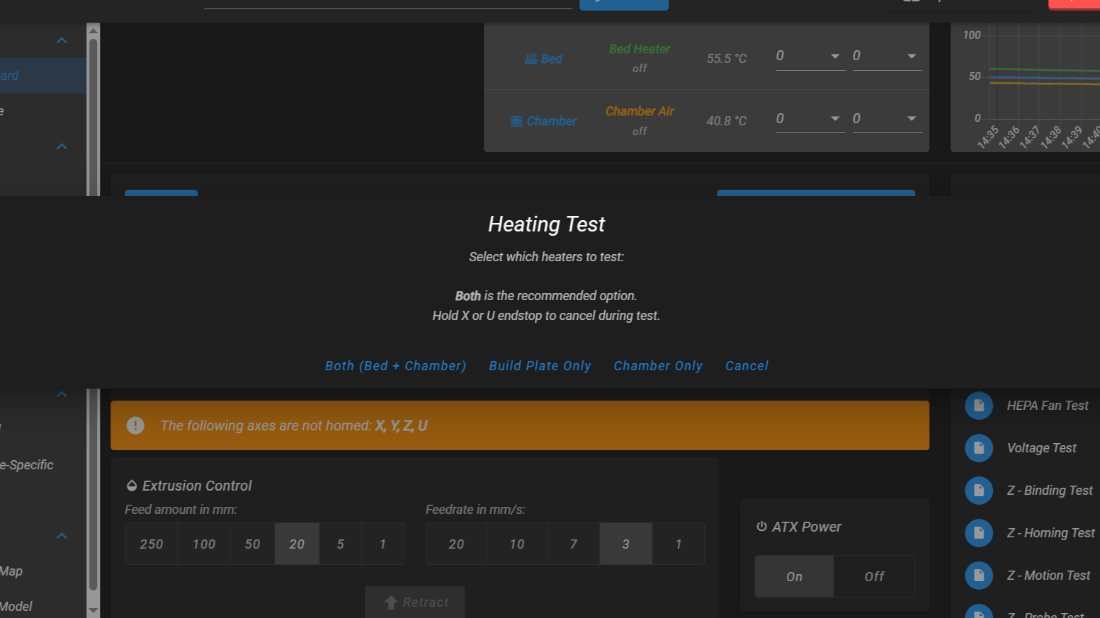 Heating Test dialog with heater selection options.