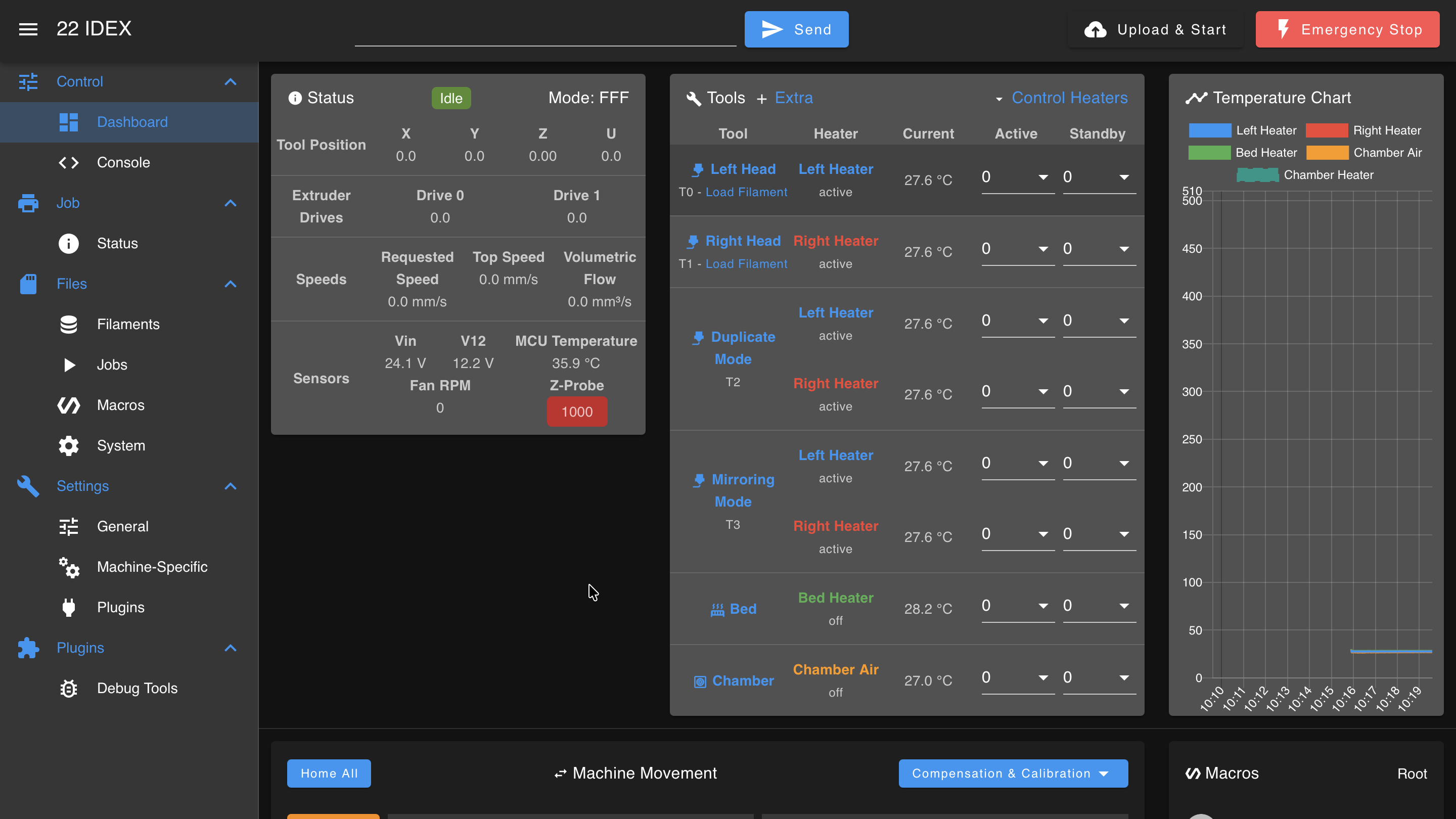 Web Interface Dashboard showing Load Filament links for Tool 0 and Tool 1