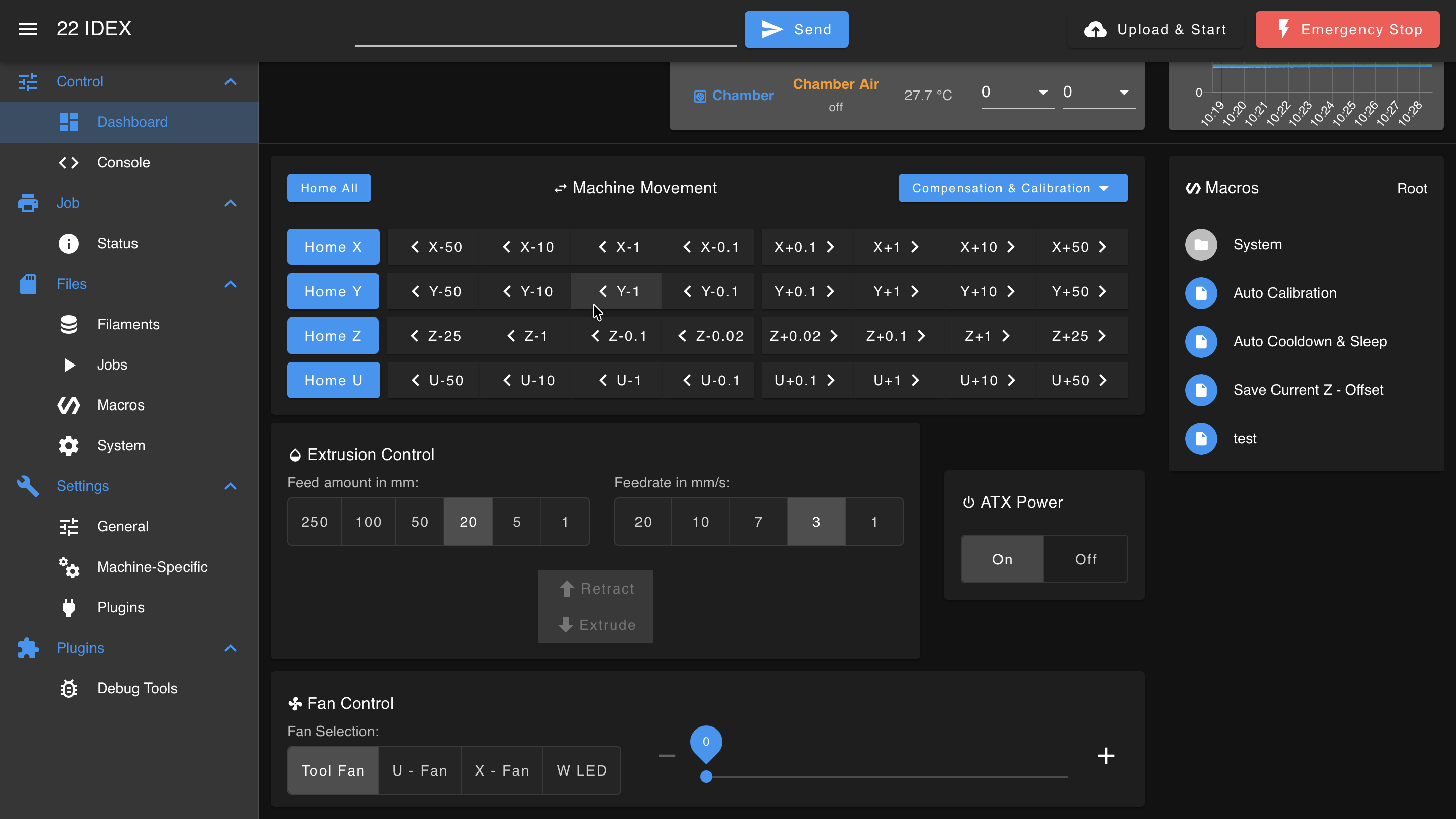 Web Interface Extrusion Control section showing amount and feedrate settings