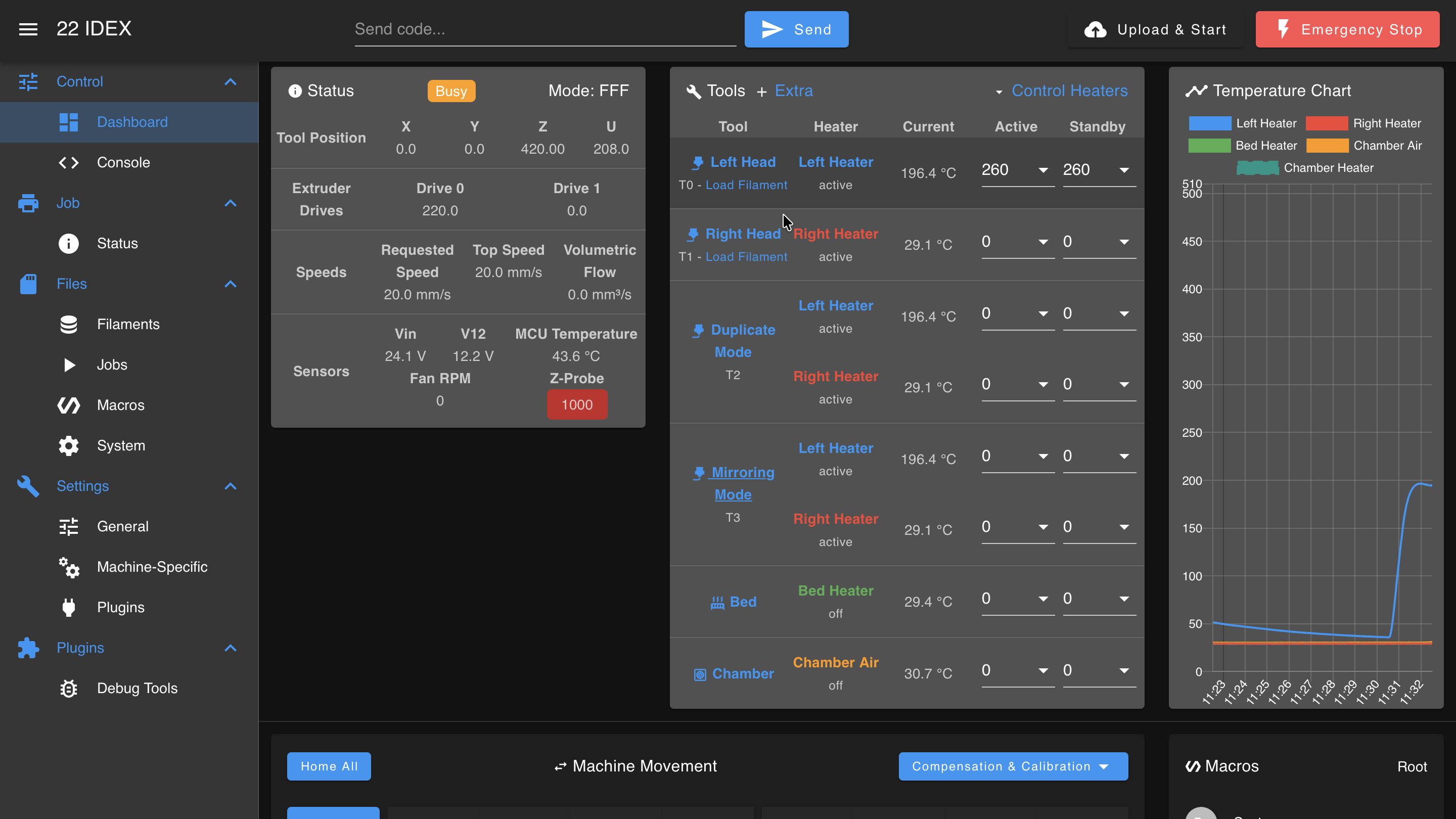 Dashboard during automatic loading with the tool heating to the material temperature