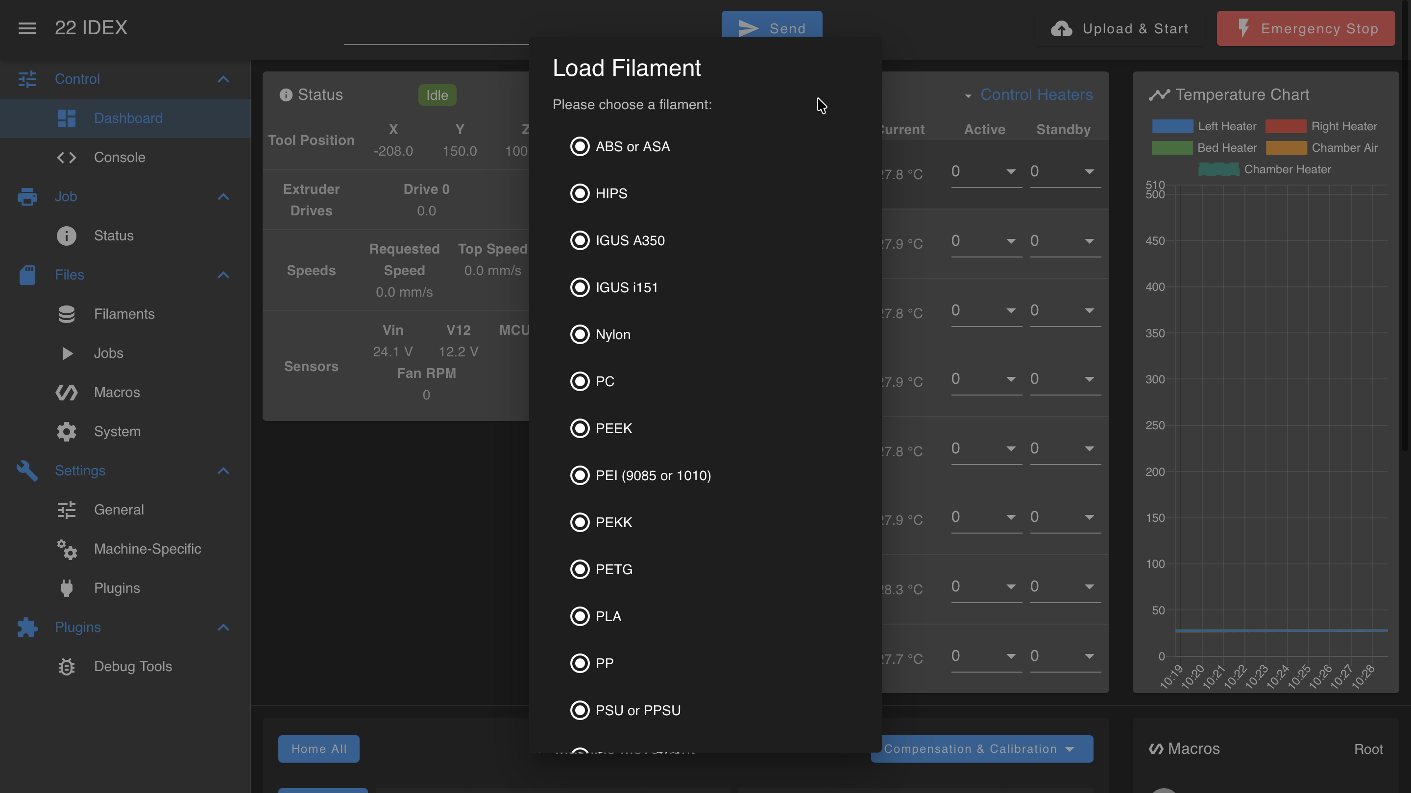Load Filament dialog with the list of filament materials to choose from