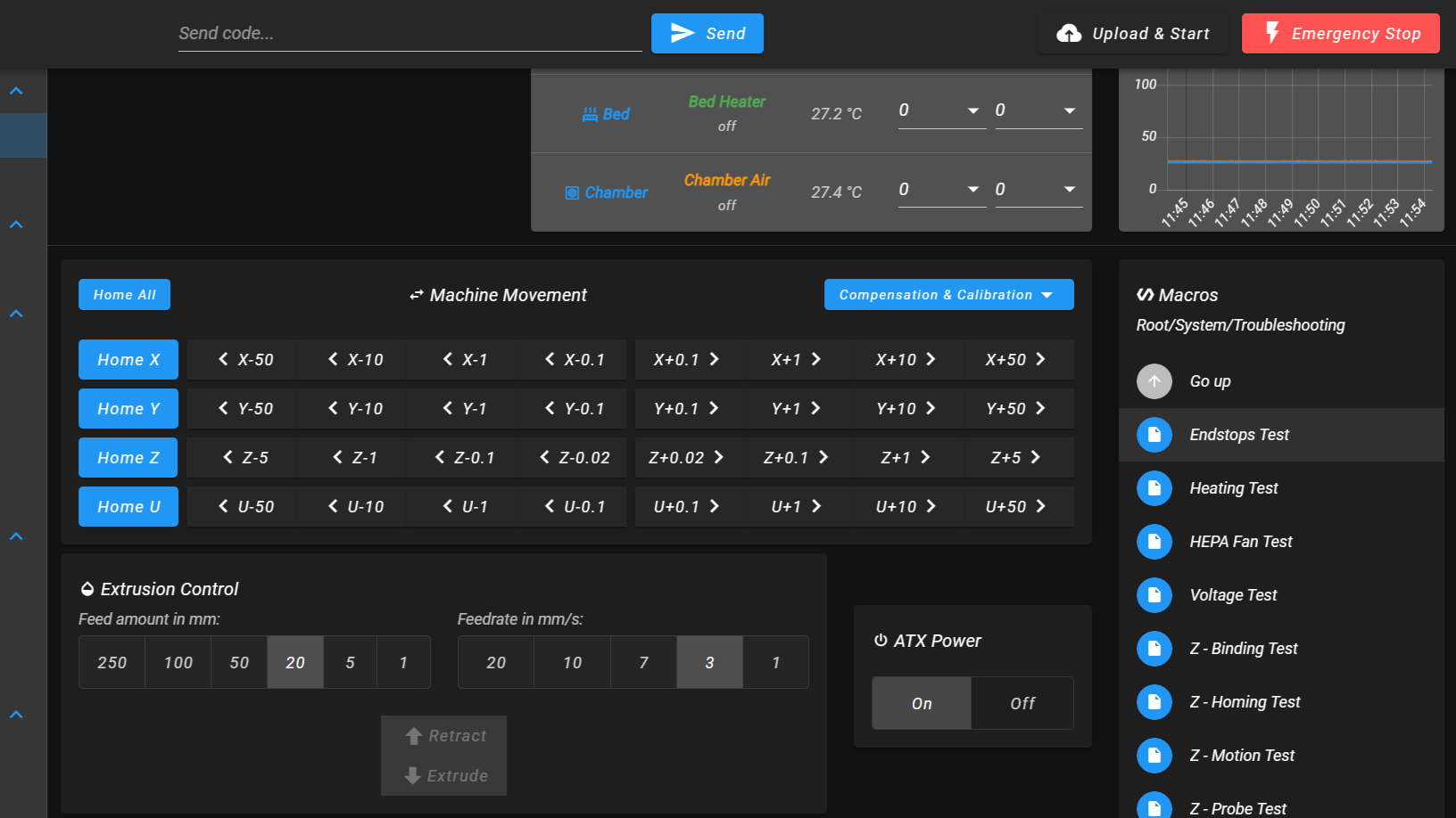 Macros panel showing System → Troubleshooting → Endstops Test.