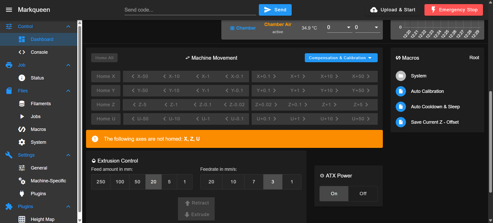 Web Interface Dashboard with the Macros panel on the right side showing the three main macros and the System folder.