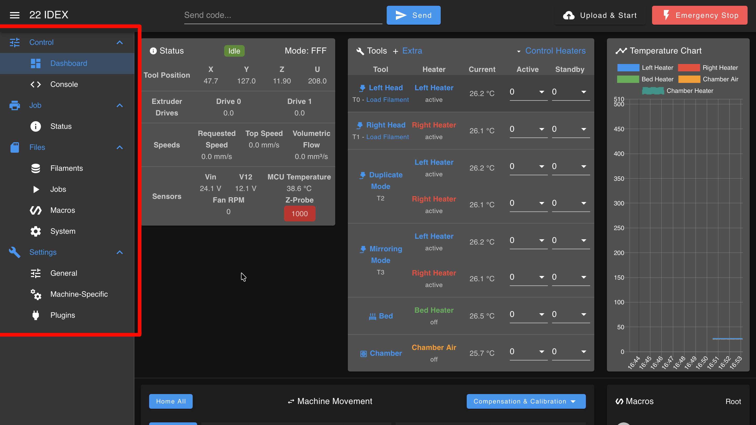 Main menu expanded showing all four groups: Machine Control, Current Job, File Management, and Settings