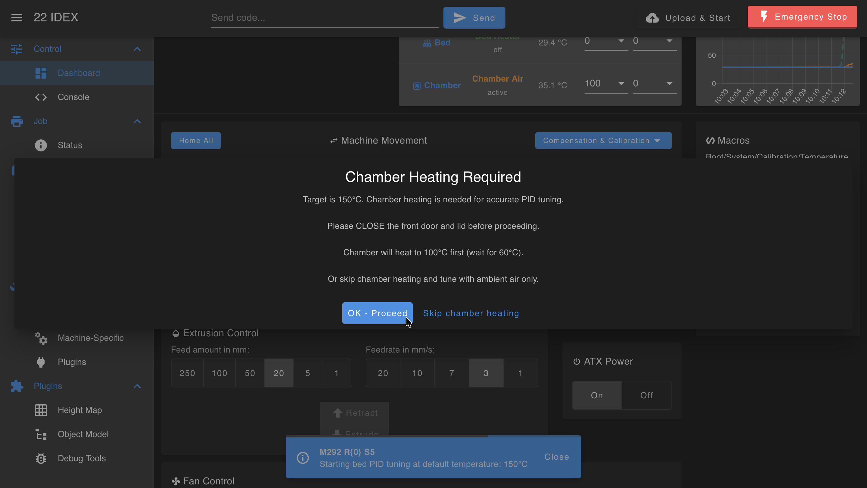 Chamber Heating Required dialog with OK - Proceed and Skip chamber heating options