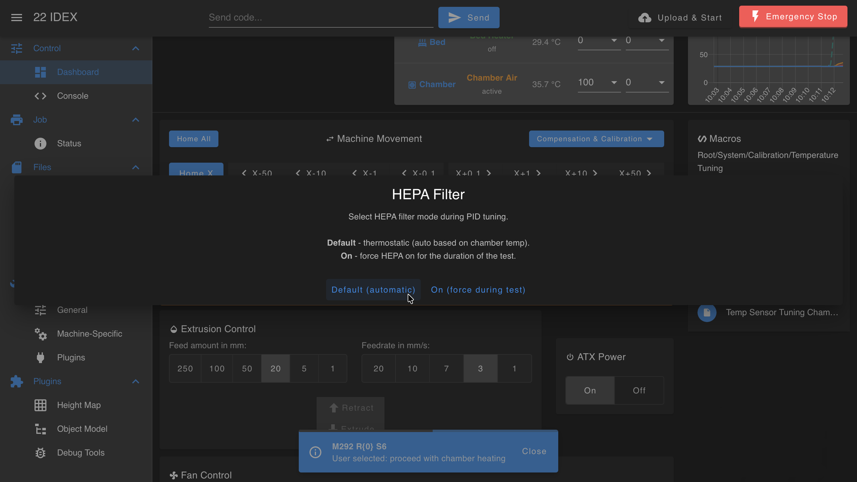 HEPA Filter mode dialog with Default and On options during PID tuning