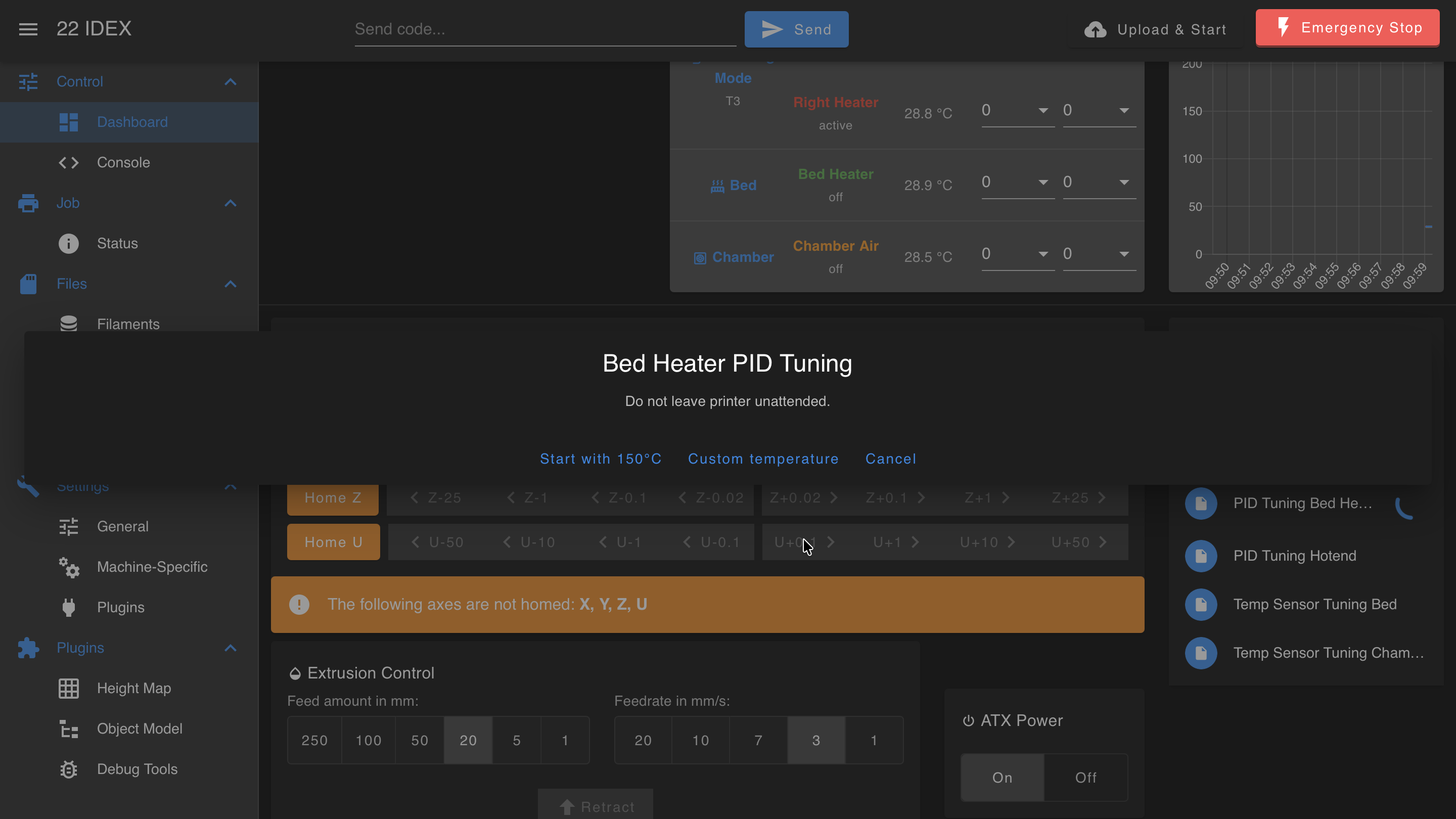 Bed Heater PID Tuning prompt with default temperature and Custom temperature options