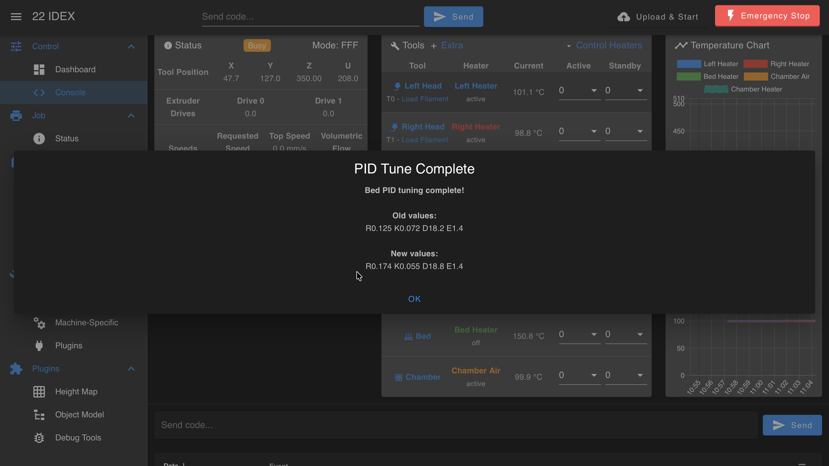PID Tune Complete dialog showing old and new PID values