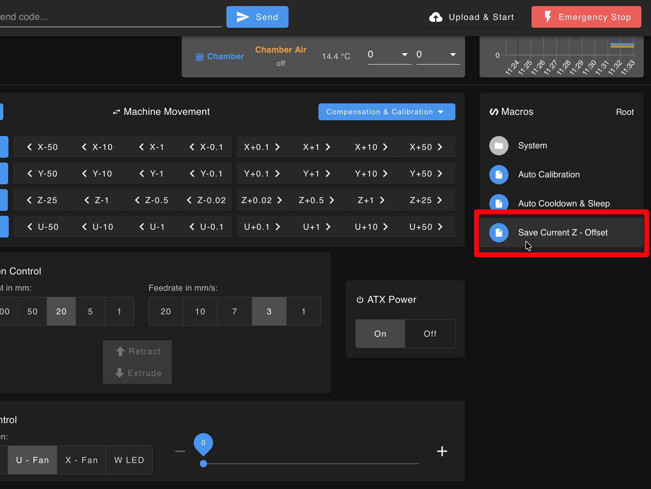 Web Interface showing path to Save Current Z-Offset macro: Dashboard > Macros > Save Current Z-Offset