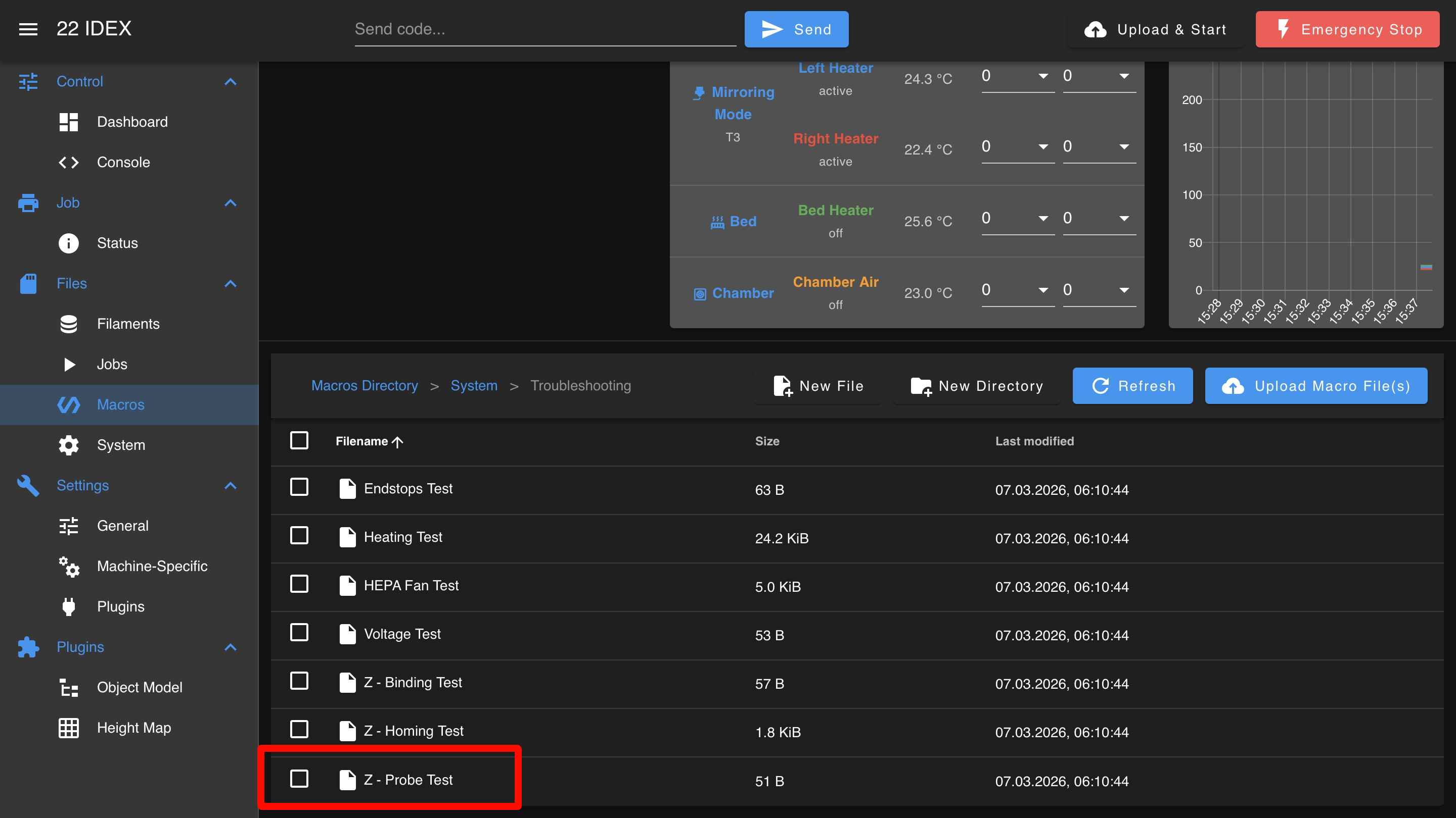 Web Interface – path to Macros, System, Troubleshooting, and Z - Probe Test