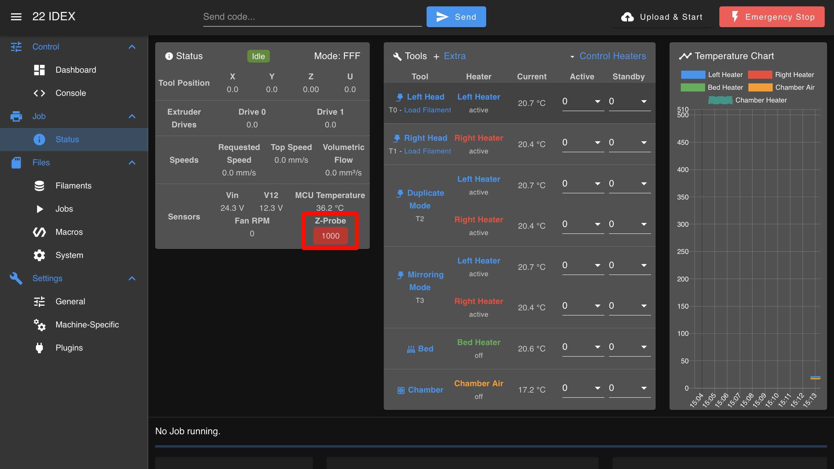 Web Interface readout showing Z-Probe circuit value 1000 or 0