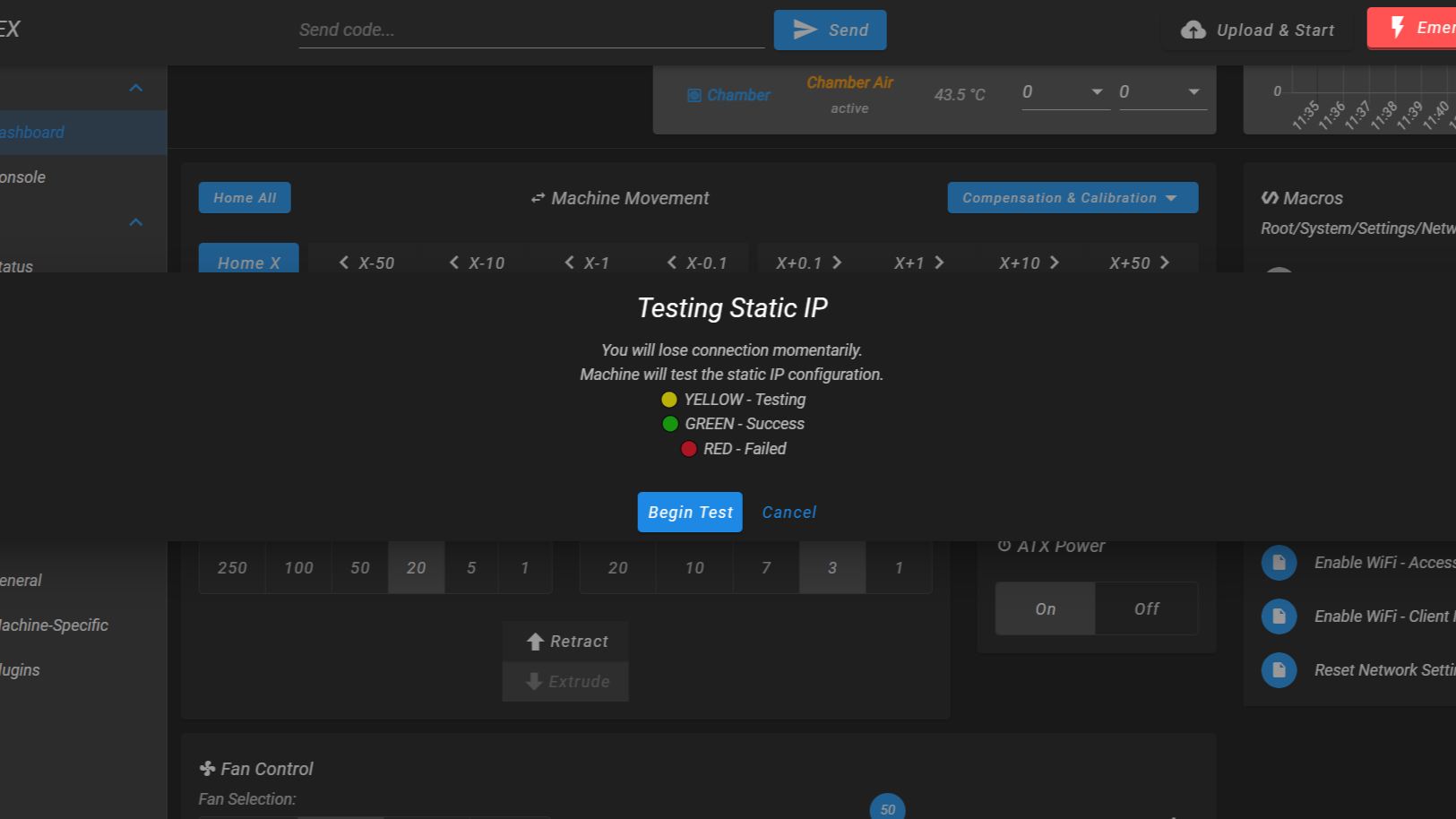 Testing Static IP dialog with LED status indicators