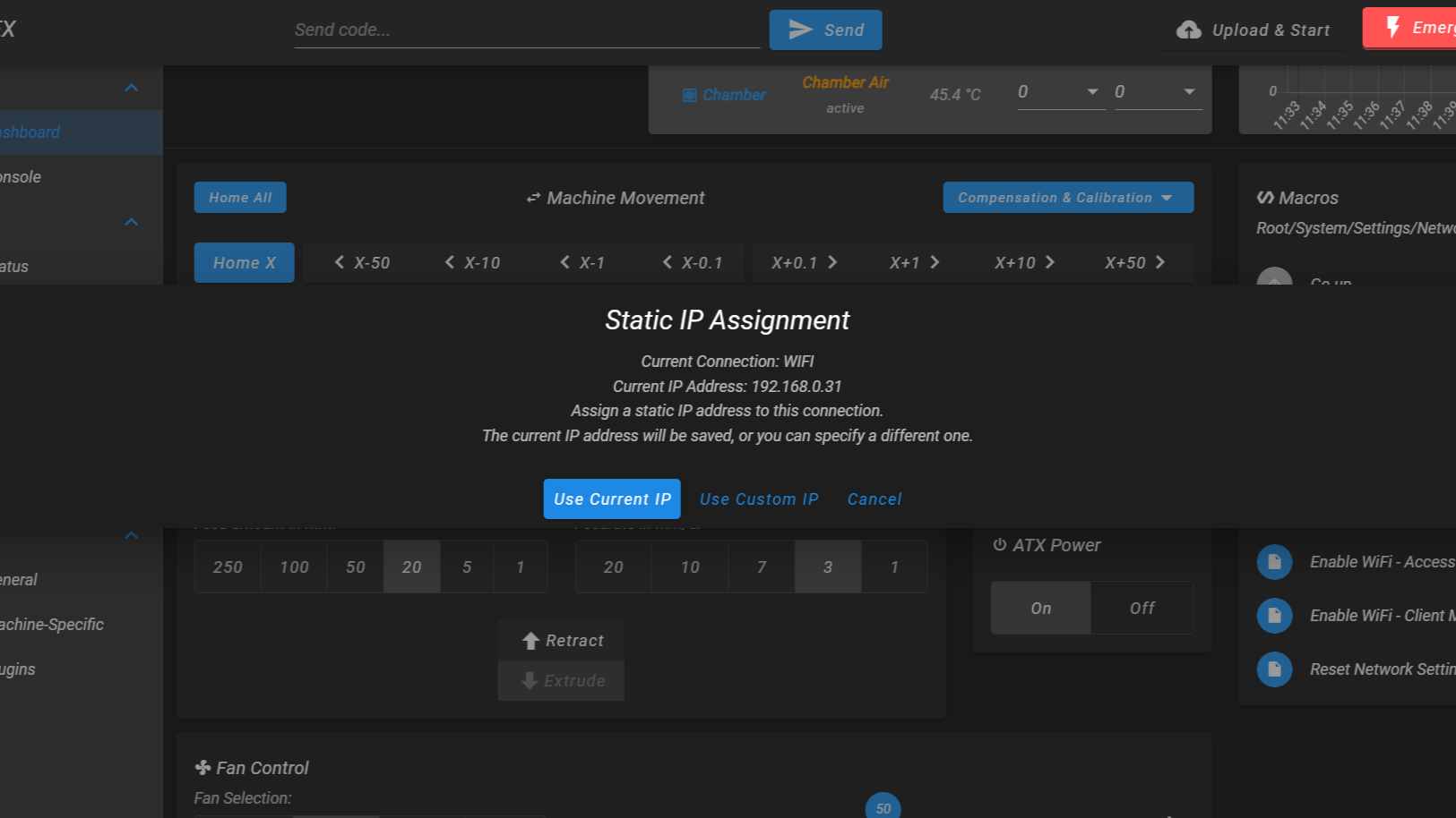 Static IP assignment dialog with Use Current IP and Use Custom IP options