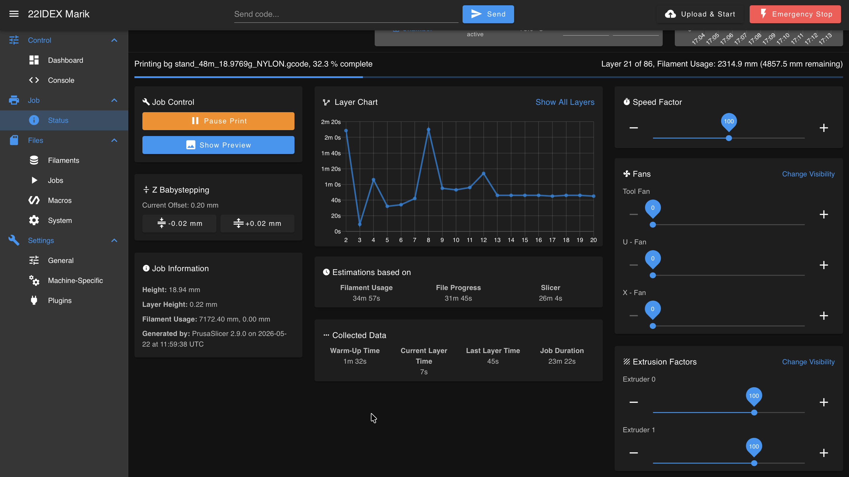 Status panel showing active print job progress