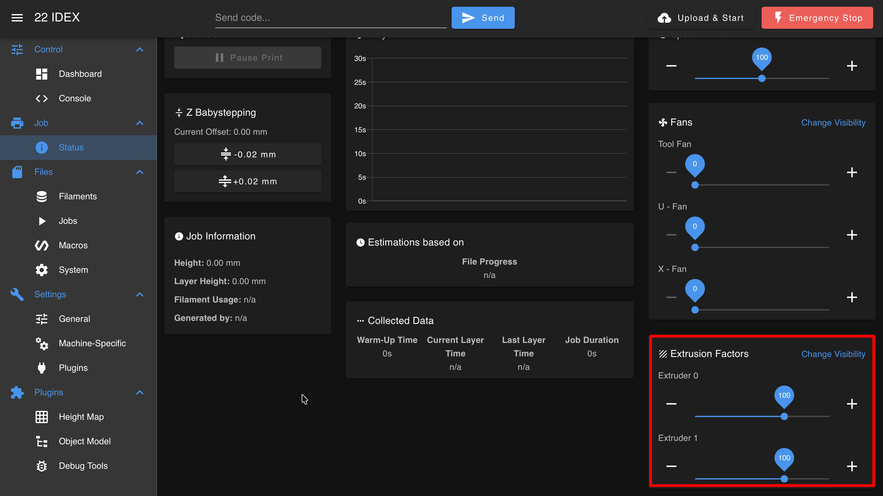 Web Interface Status page with the Extrusion Factors panel showing separate sliders for Extruder 0 and Extruder 1