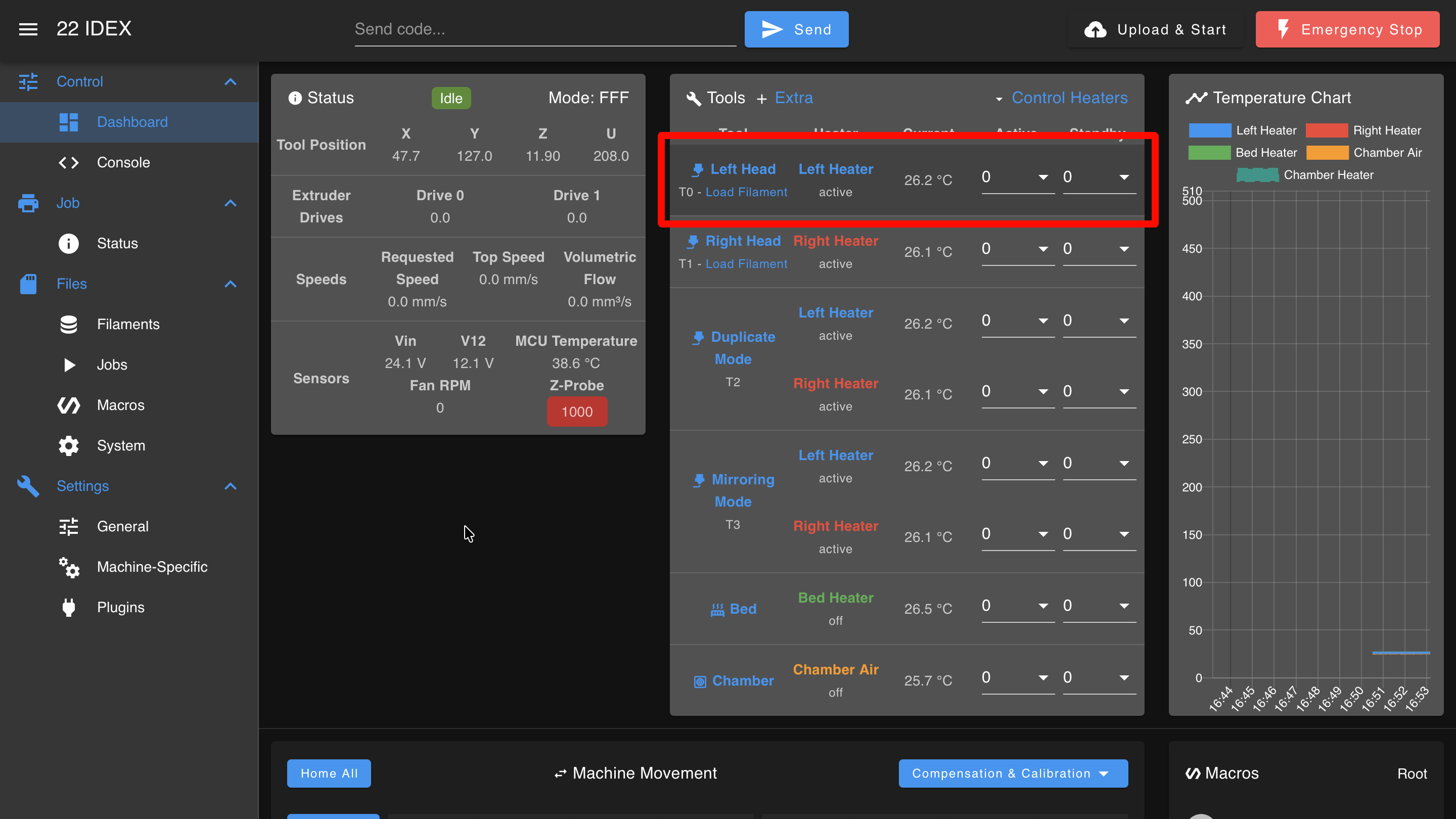 Tool control panel showing heater status and temperatures