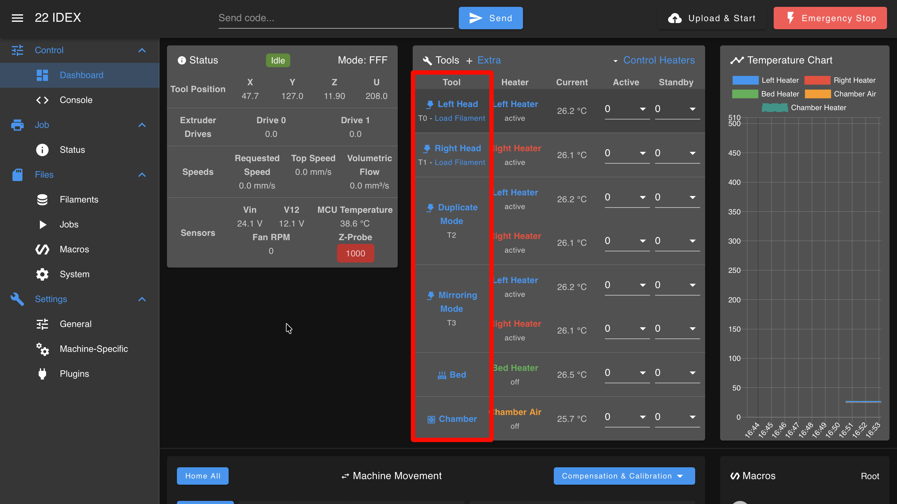 Tool selection interface showing active tool (T0) and standby tool (T1)