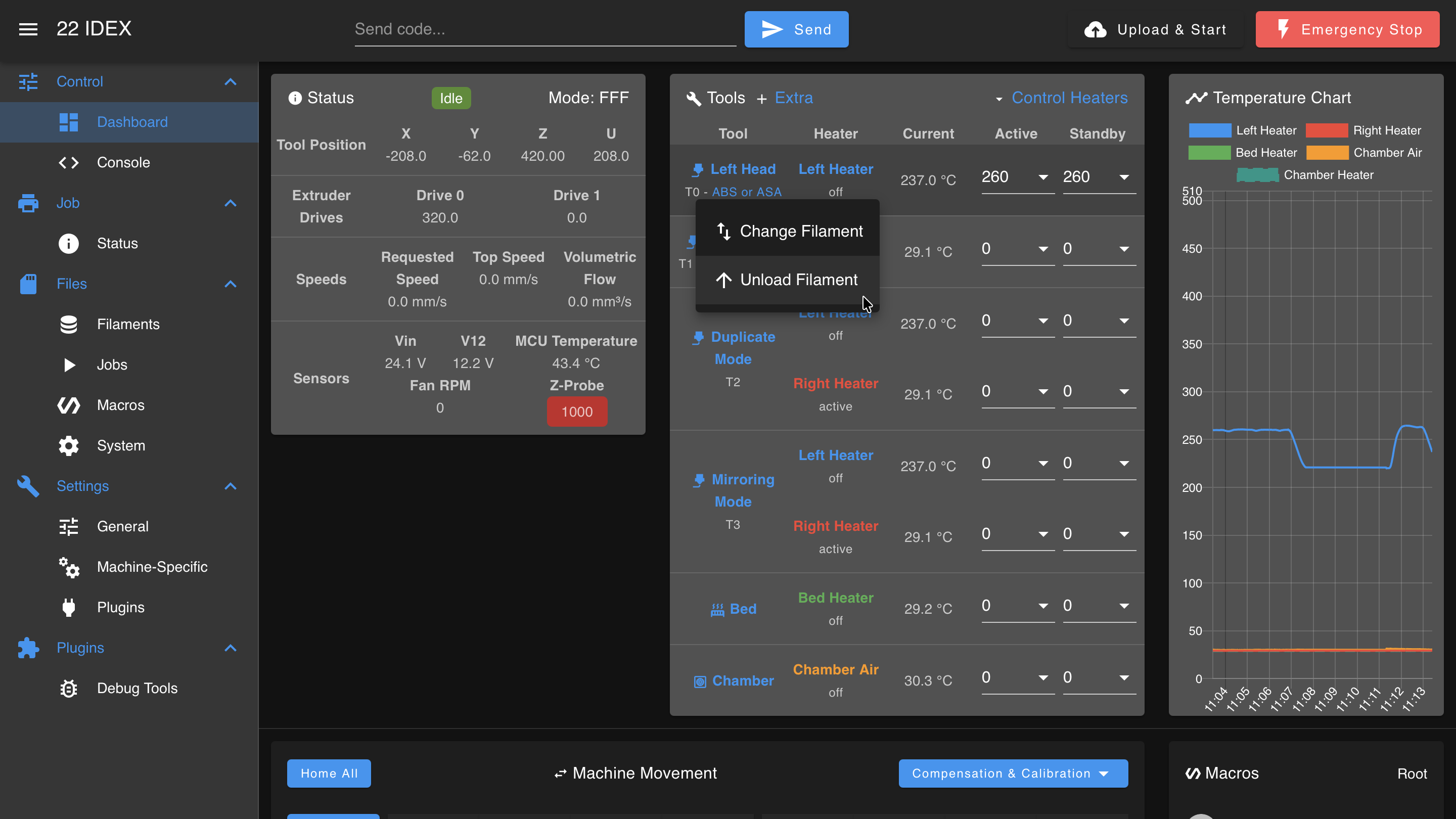 Tool filament menu with Change Filament and Unload Filament options