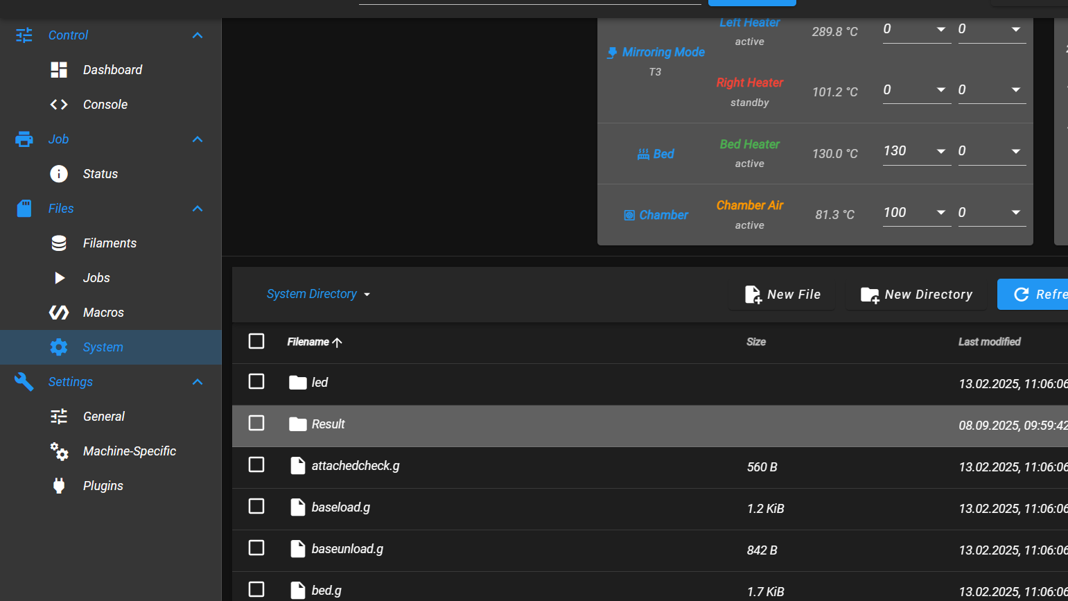System folder in Web Interface file manager.