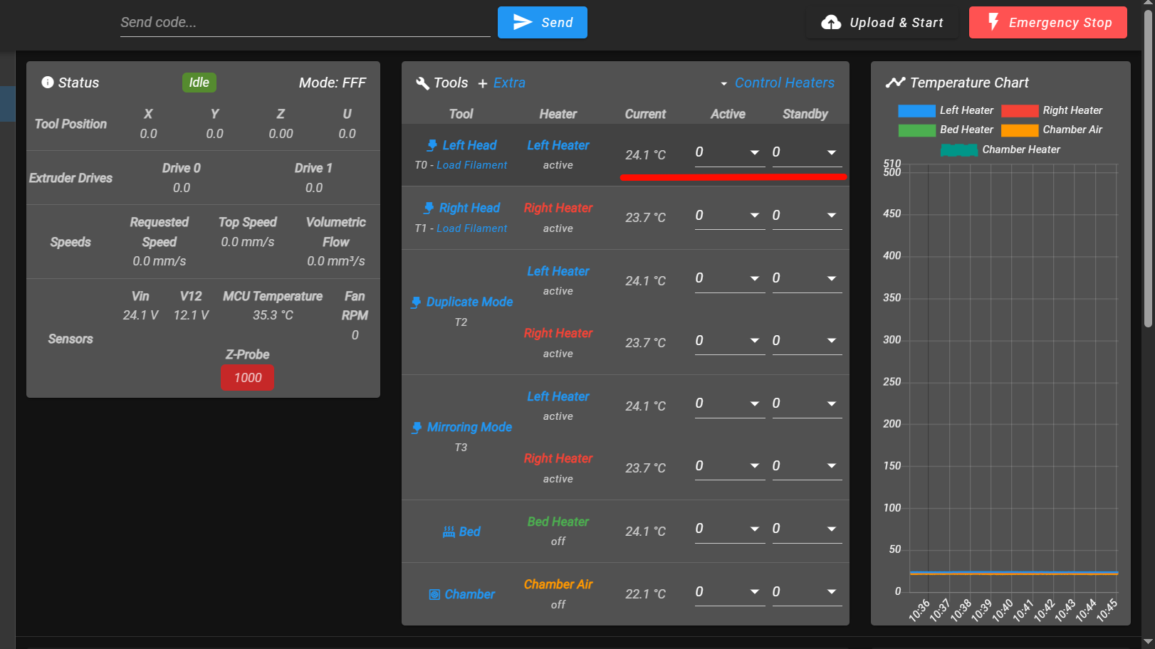 Web Interface Dashboard showing tool temperature control