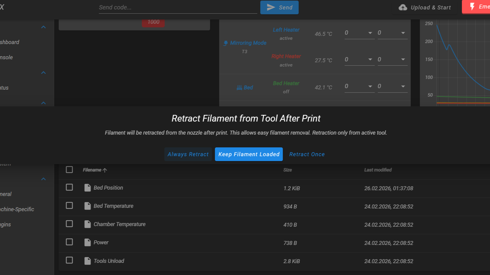Web Interface – Retract Filament from Tool After Print dialog with Always Retract, Keep Filament Loaded, and Retract Once options