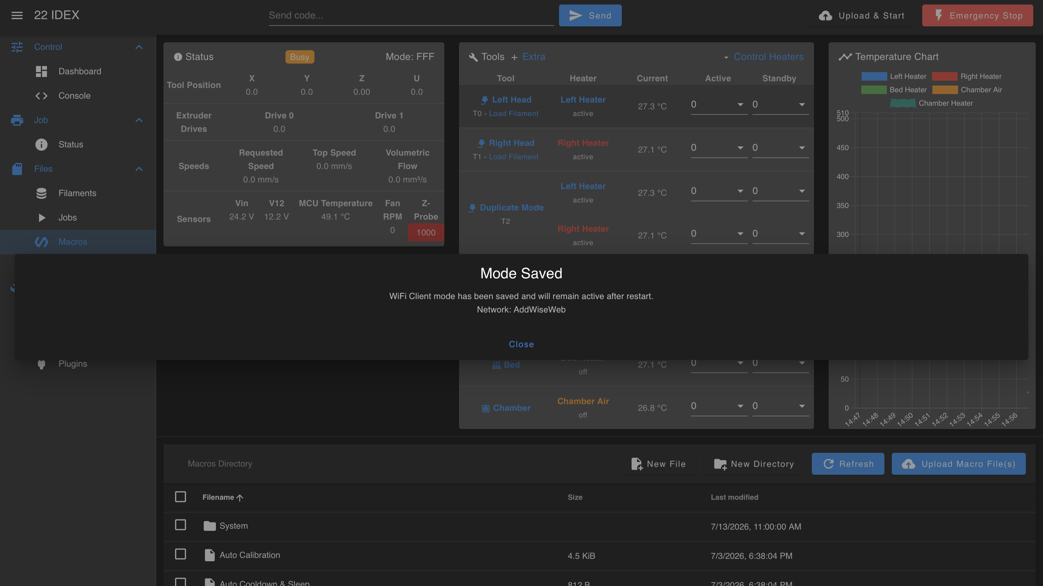 Web Interface Mode Saved pop-up confirming WiFi Client mode has been saved