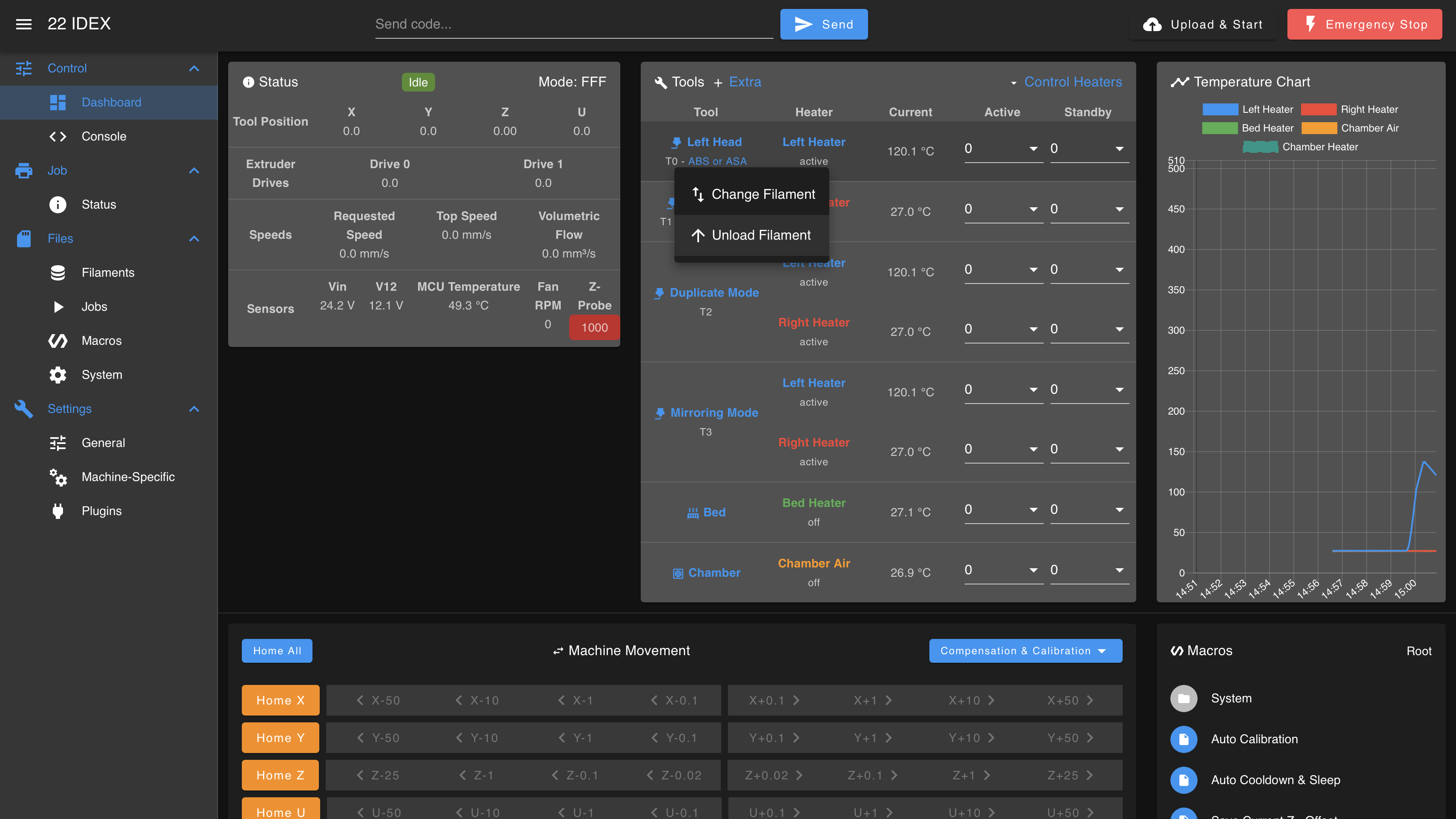 Web Interface Dashboard - Left Head tool menu open showing Change Filament and Unload Filament