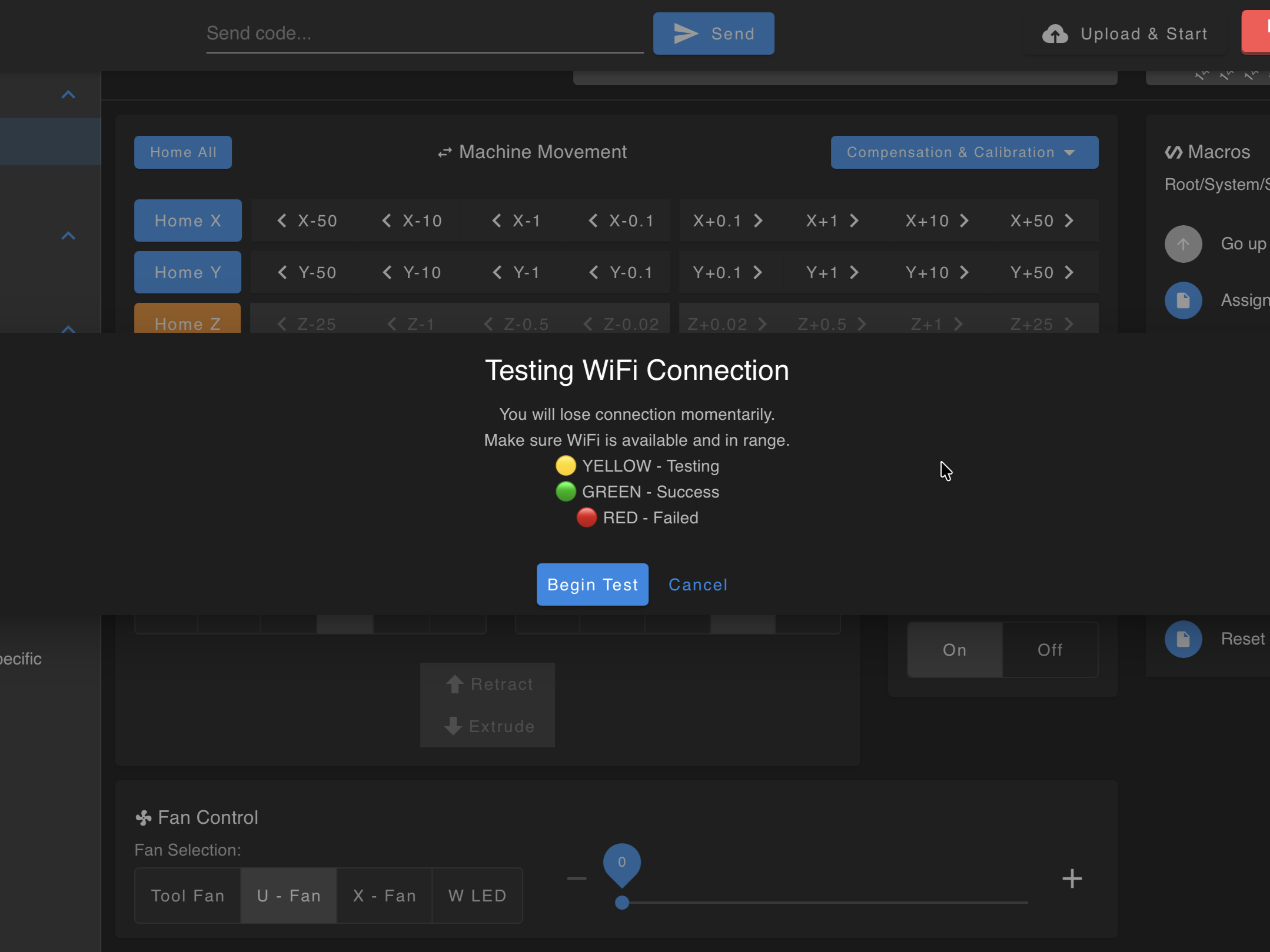 WiFi connection test in progress in Web Interface