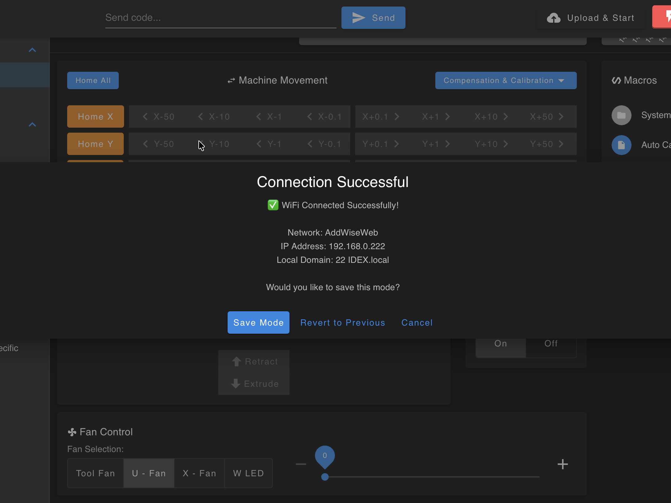 WiFi test success dialog showing printer IP address